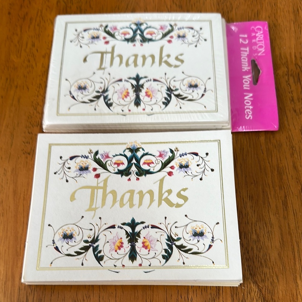 Thank you cards, 24. Gold “Thanks” with floral frame. 5 1/4x4.